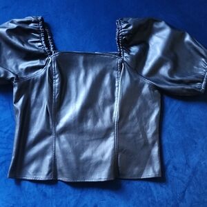 Black Puff Sleeve Faux Leather Top